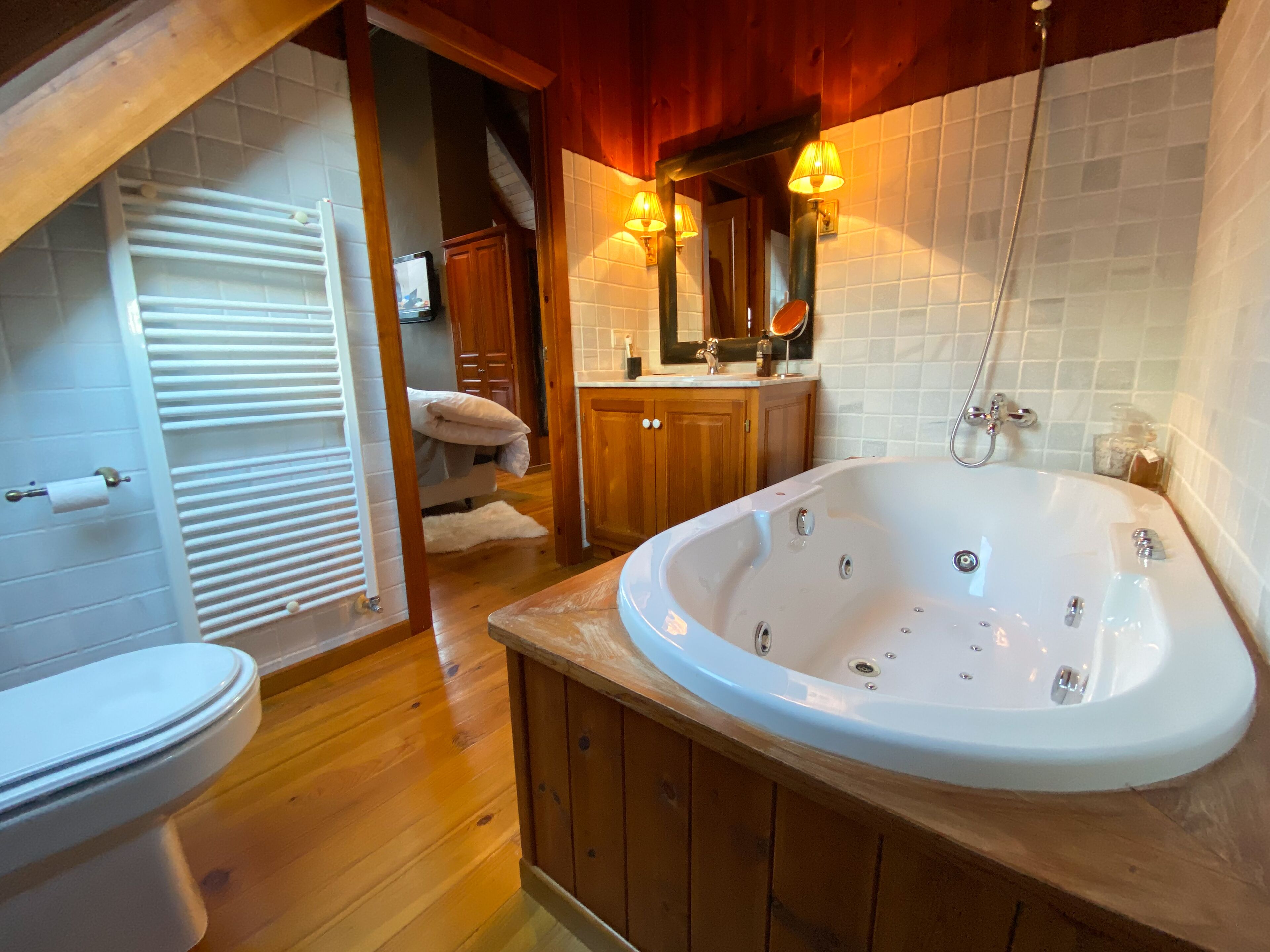 Combined shower/bathtub, jetted bath, hair dryer, bidet