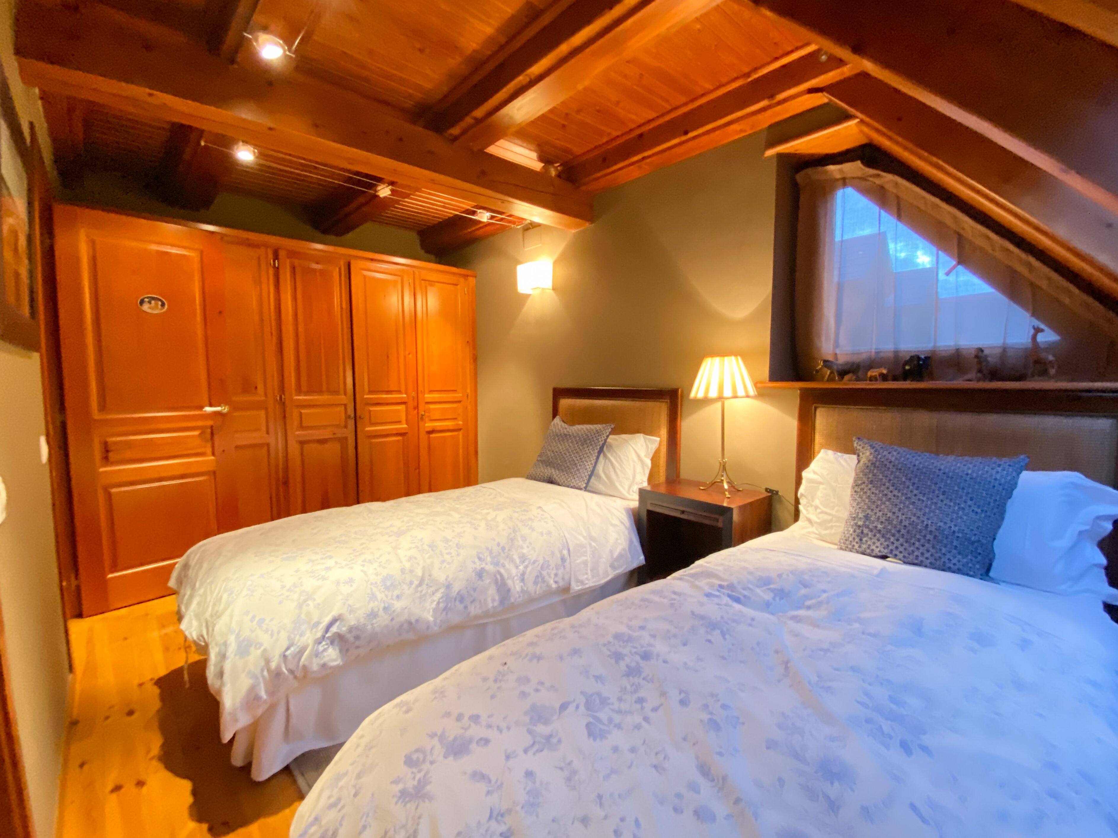 A bedroom with two beds, wooden wardrobe, and a window with a view.