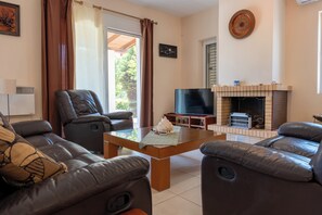 Smart TV, chimenea y libros 