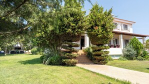A two-story house with a front entrance, a small porch, and a well-maintained lawn. - Beautiful Summer Villa in Chalkoutsi, East Attica (Chalkoutsi)
