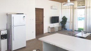 Ett modernt kök med kylskåp, inbyggd ugn, mikrovågsugn och diskho. Det finns en trädörr, en tv på ett stativ och en krukväxt.