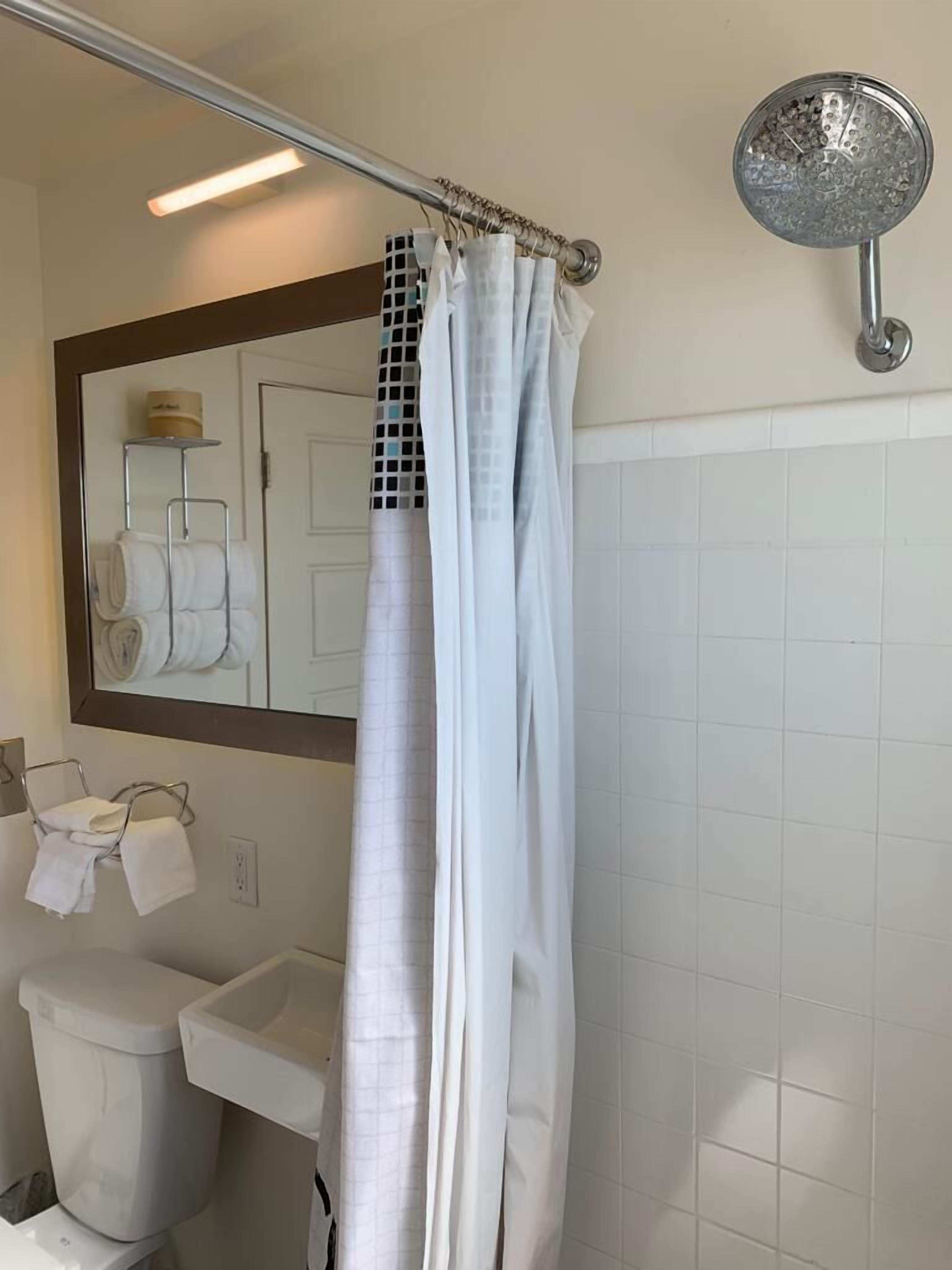 A bathroom with a white toilet, a sink, a mirror, and a shower with a curtain.