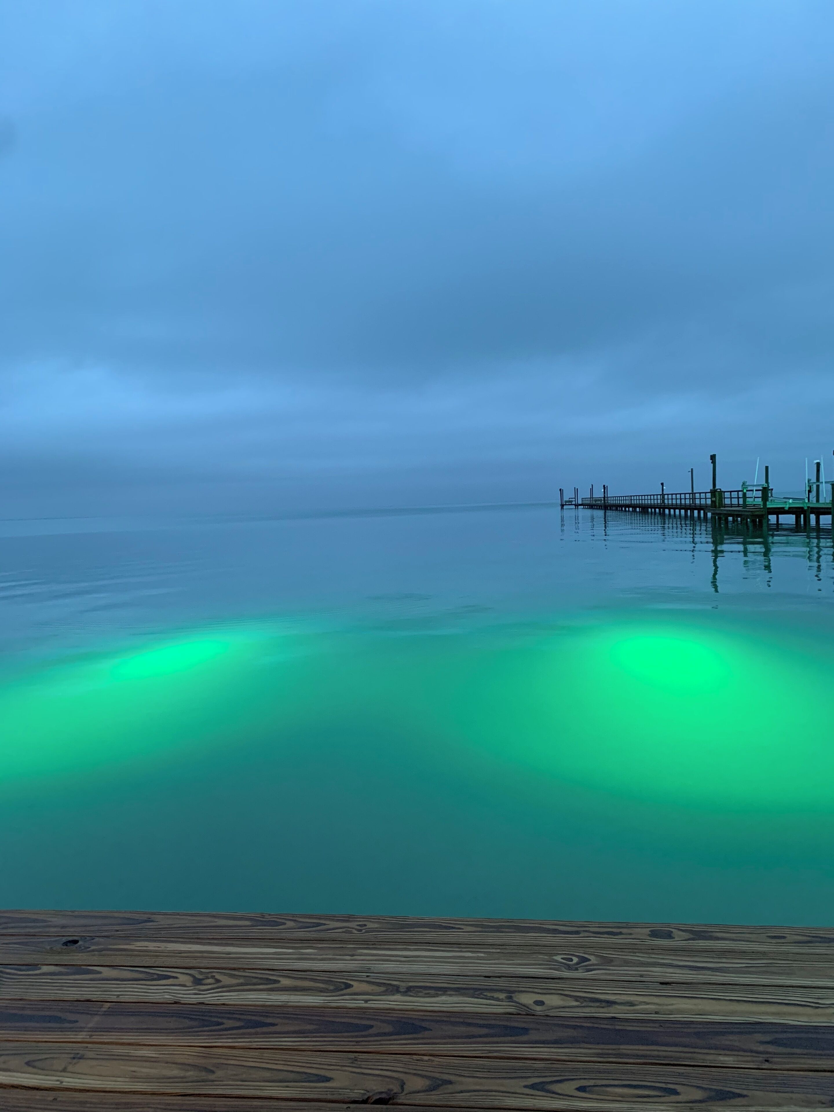 A wooden pier extending into calm waters with a cloudy sky above.