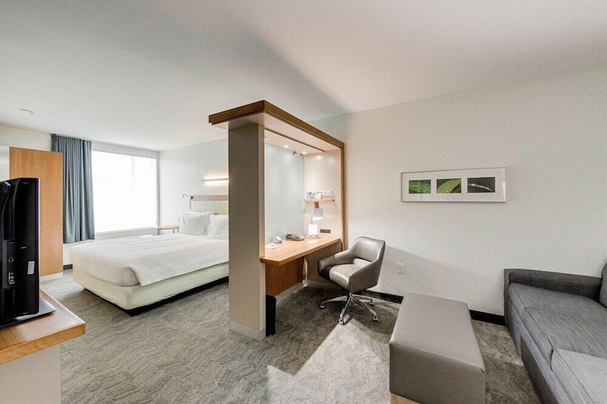 A hotel room with a bed, desk, chair, and sofa.