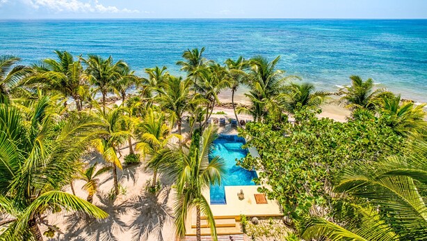 Un resort con piscina, palme e vista sulla spiaggia.
