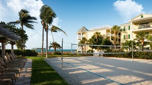 Un hôtel situé en bord de mer, doté d’un terrain de volley-ball, de palmiers et offrant une vue sur l’océan.