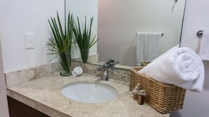 Hair dryer, towels, shampoo, toilet paper