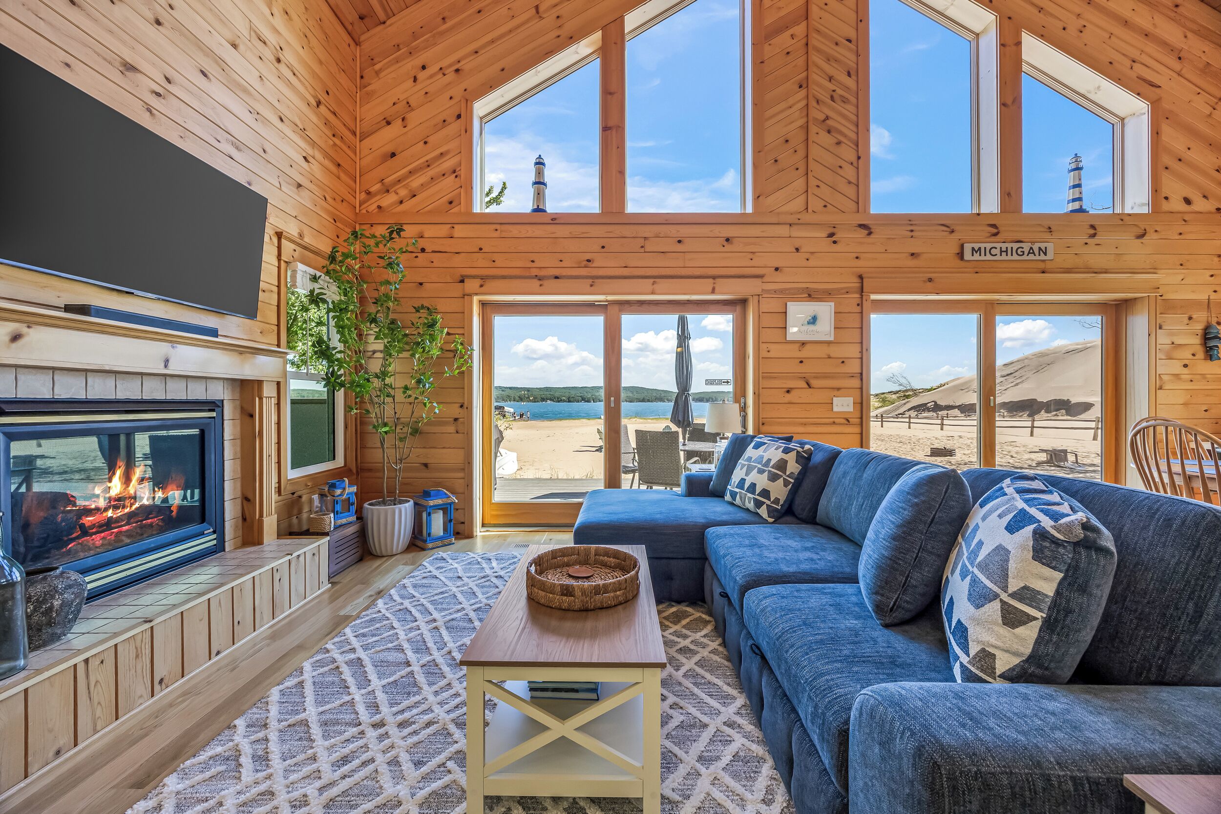 Smart TV, fireplace, DVD player, books