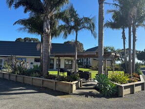 A house with a covered patio, palm trees, and a lawn.