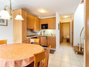 Fridge, microwave, oven, high chair