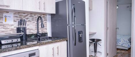 Fridge, microwave, stovetop, dishwasher