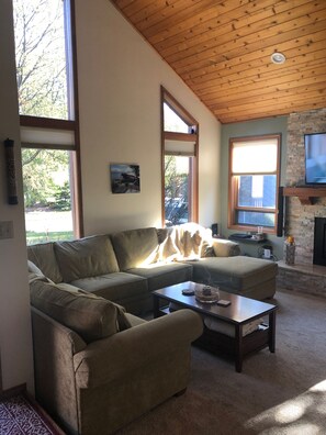 Een televisie, een open haard, een filmbibliotheek en een kantoor