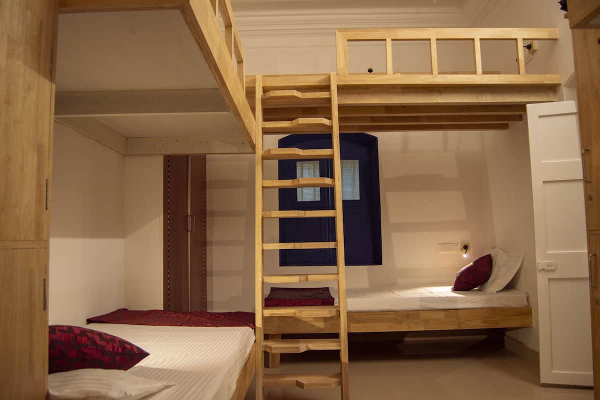 A bunk bed room with a wooden ladder, a wardrobe, and a door.