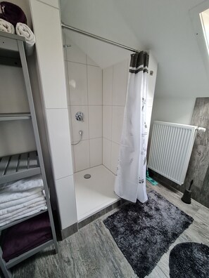Ensemble douche/baignoire, sèche-cheveux, serviettes fournies