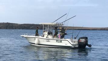 Un bote con el nombre 'PILAR' en su costado, equipado con cañas de pescar y un motor fueraborda Suzuki.