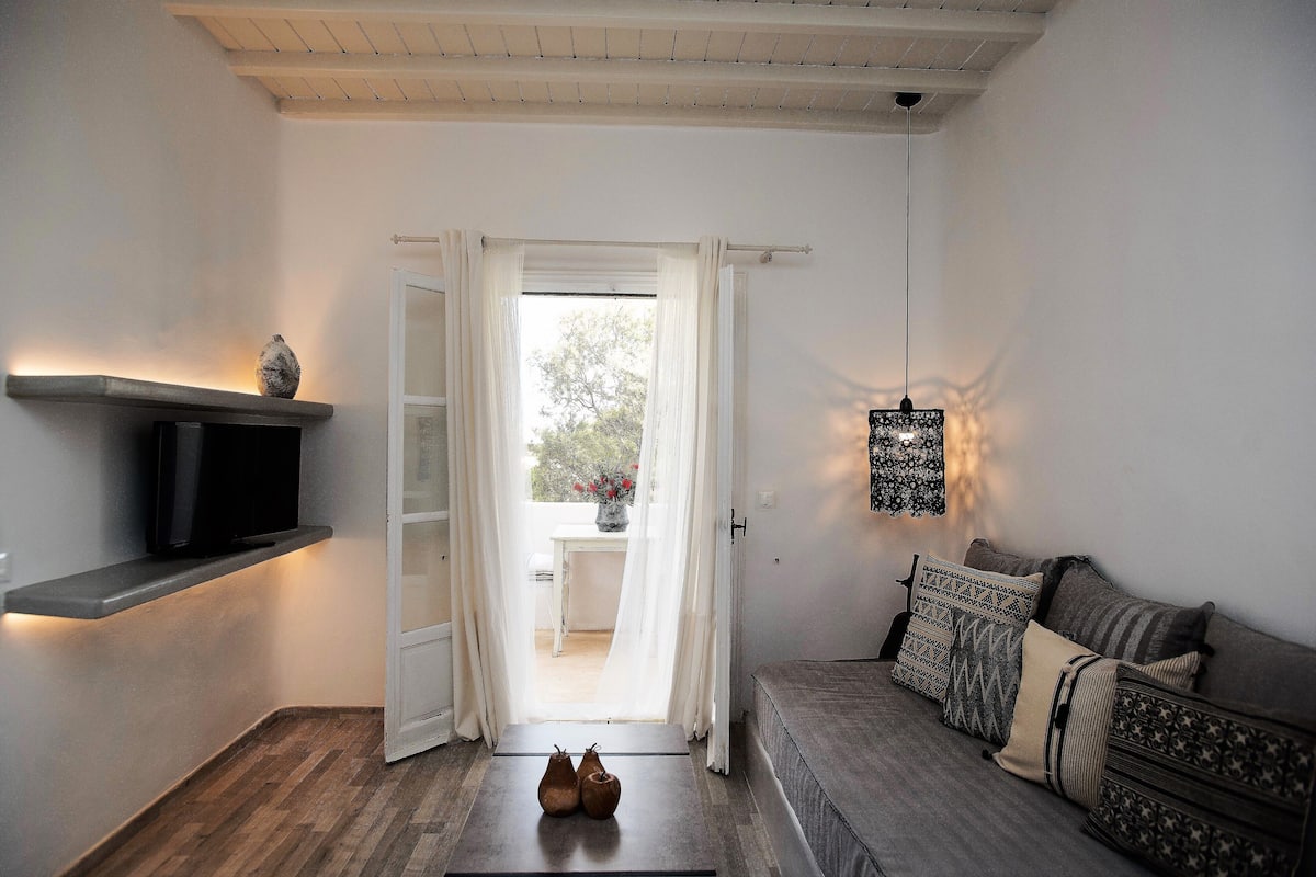 Una sala moderna con un sofá, un televisor de pantalla plana, una mesa con jarrones decorativos y vistas a un espacio exterior a través de una puerta.