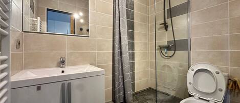 A modern bathroom with a shower, toilet, and sink.