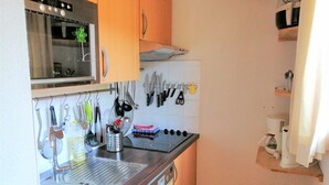 A compact kitchen with a built-in oven, a sink, and a stove. - 3-room apartment in Morillon 1100, 6 people, pets allowed, wifi (Morillon 1100)