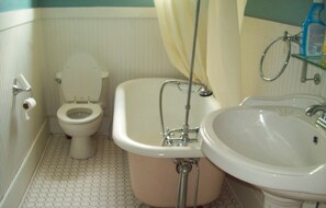 Combined shower/tub, hair dryer, towels, soap