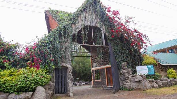A rustic building with a stone entrance, a wooden door, and a signboard. - Naivasha Peppercorn Holiday Resort (Naivasha)