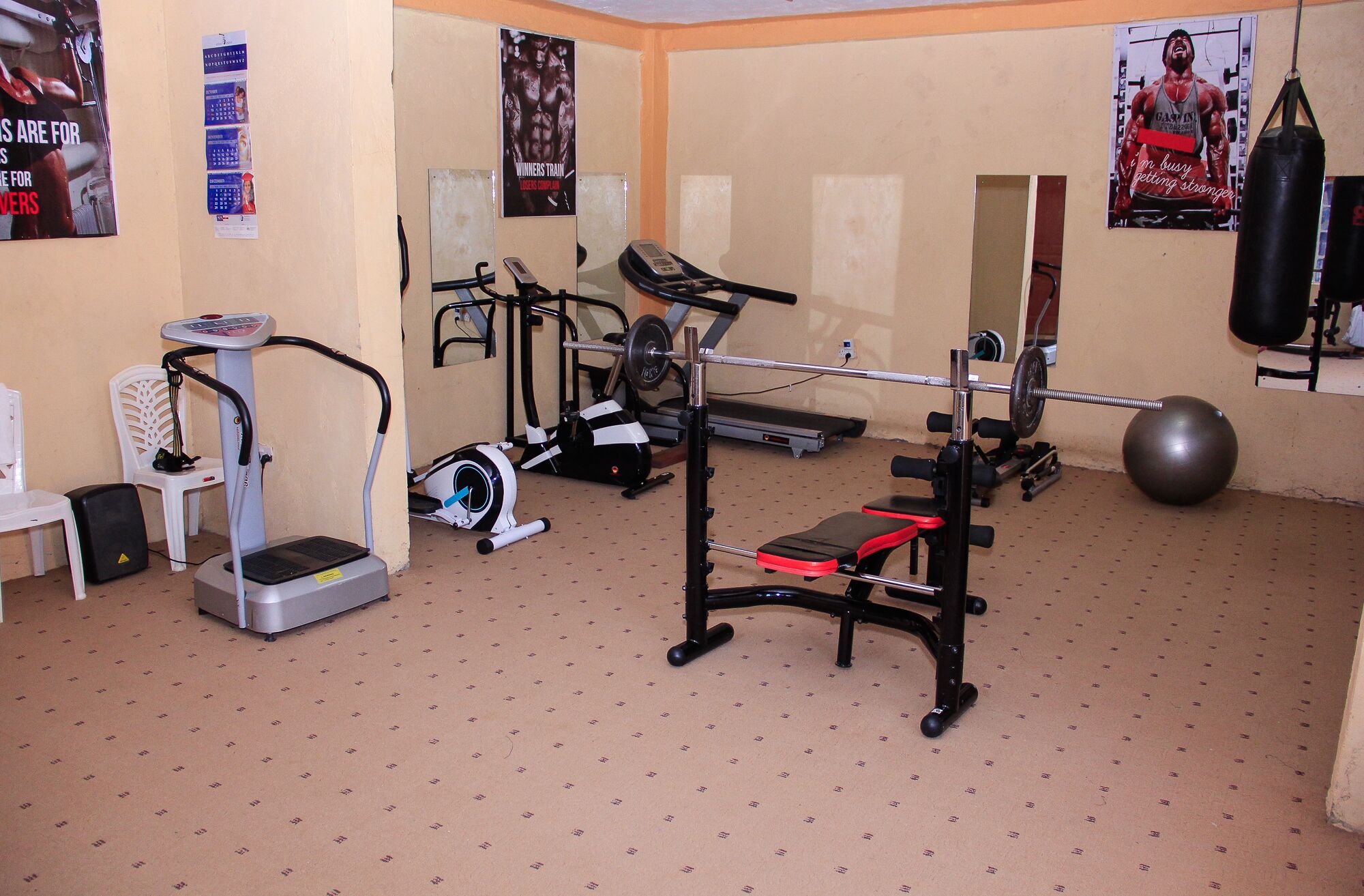 A gym with treadmills, a stationary bike, a bench press, and a punching bag.