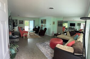 Smart TV, fireplace, books, stereo