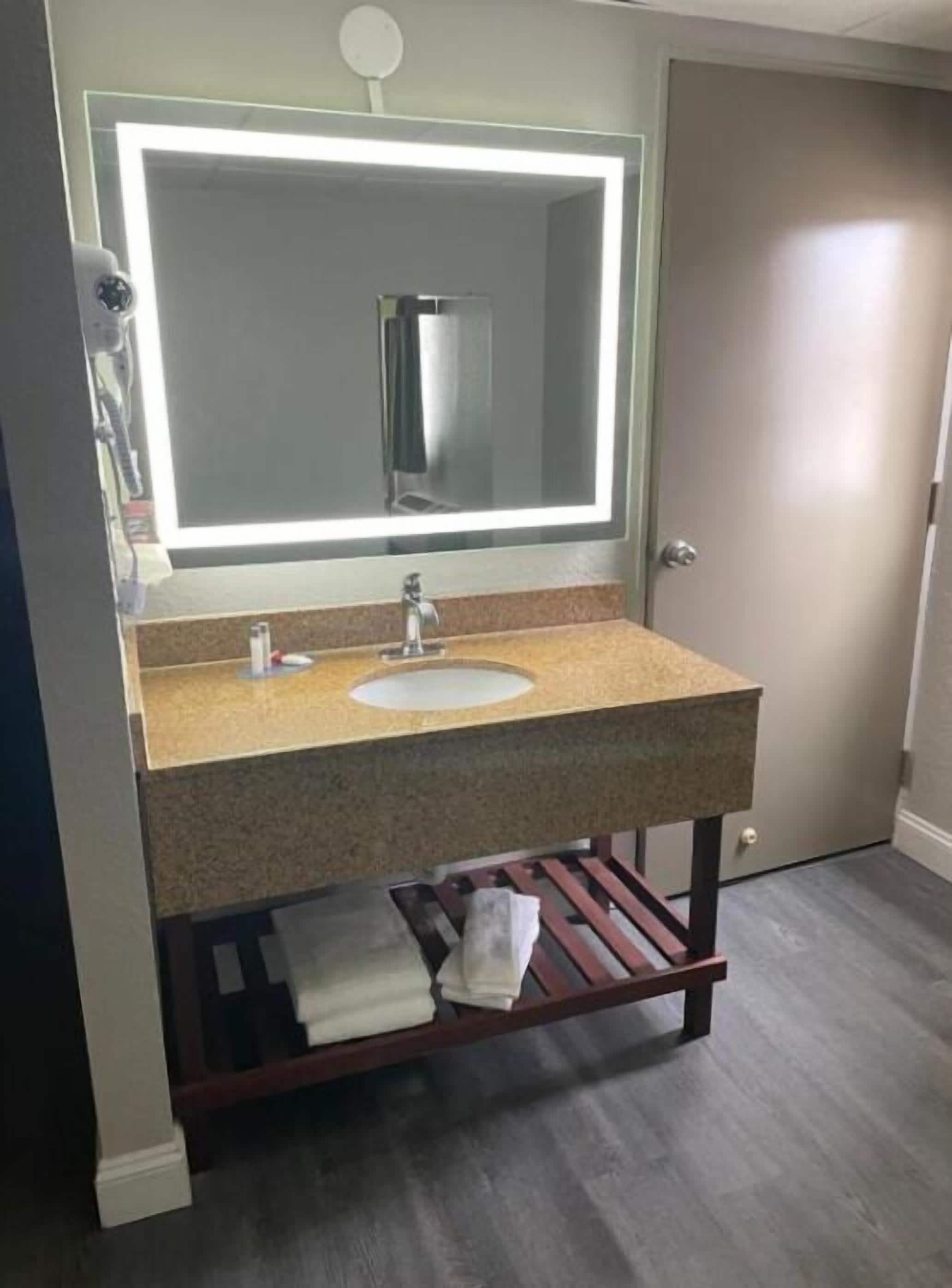 Une salle de bain avec un grand miroir, un lavabo et un porte-serviettes.
