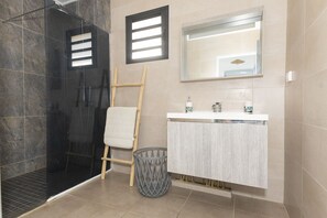 Shower, hair dryer, towels