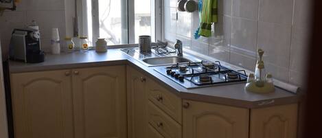 Fridge, microwave, stovetop, coffee/tea maker
