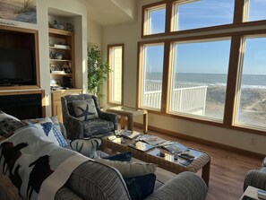 TV connectée, cheminée, lecteur de DVD, livres