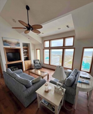 TV connectée, cheminée, lecteur de DVD, livres