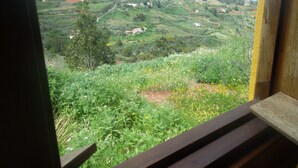 Vista desde una ventana que da a un paisaje montañoso con casas dispersas.