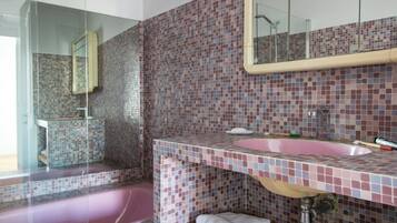 Hair dryer, towels, soap, shampoo