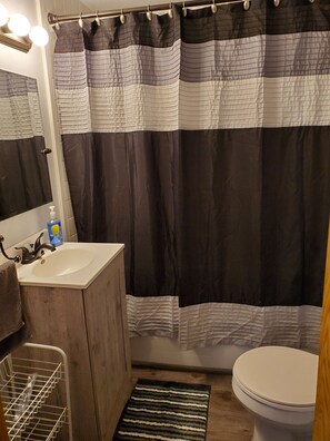 Hair dryer, towels, soap, shampoo