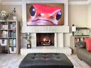 TV connectée, cheminée, jeux vidéo, livres