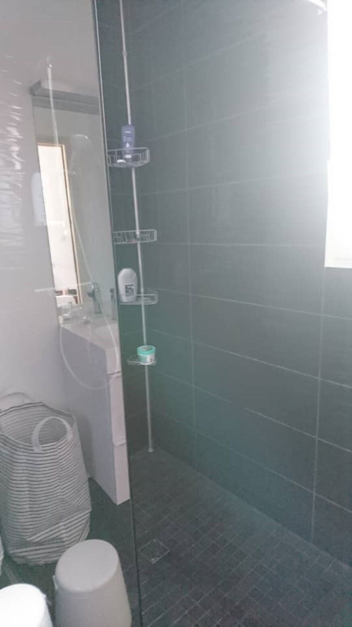 Een badkamer met een douchecabine van glas, een toilet, een wastafel en een prullenbak.