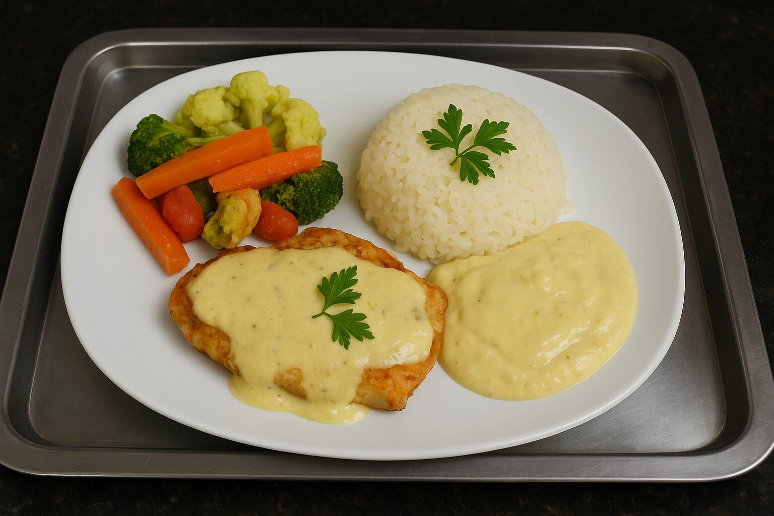 Un plato con una milanesa, puré de papas y una guarnición de verduras mixtas.