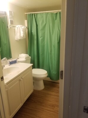 Bathtub, towels, toilet paper