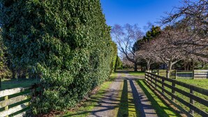Un sentier bordé de haies soigneusement taillées et d’une clôture en bois, qui traverse un espace aménagé comme un parc.