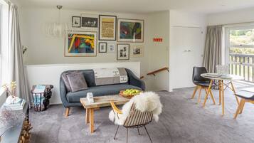 Smart-tv, een open haard, een dvd-speler en boeken