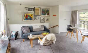 Smart TV, fireplace, DVD player, books