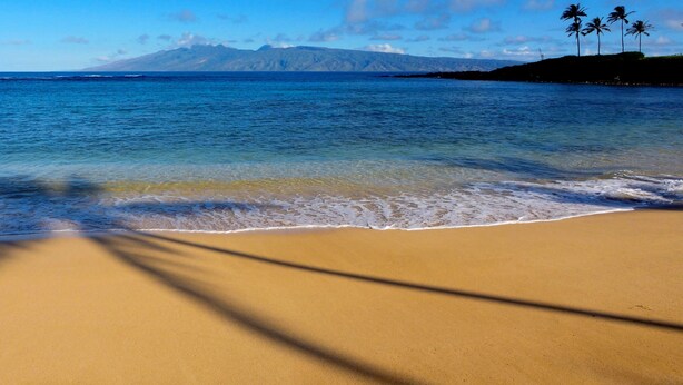 Una playa con aguas azules cristalinas, una orilla arenosa y una montaña al fondo.
