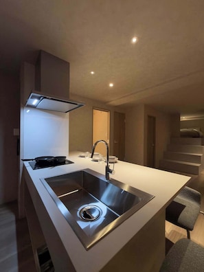 Una cocina moderna con un lavamanos de acero inoxidable, una estufa y un grifo elegante.