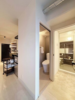 Bathtub, hair dryer, towels, soap