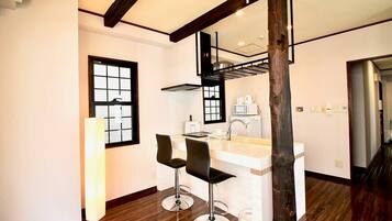 Fridge, microwave, stovetop, toaster