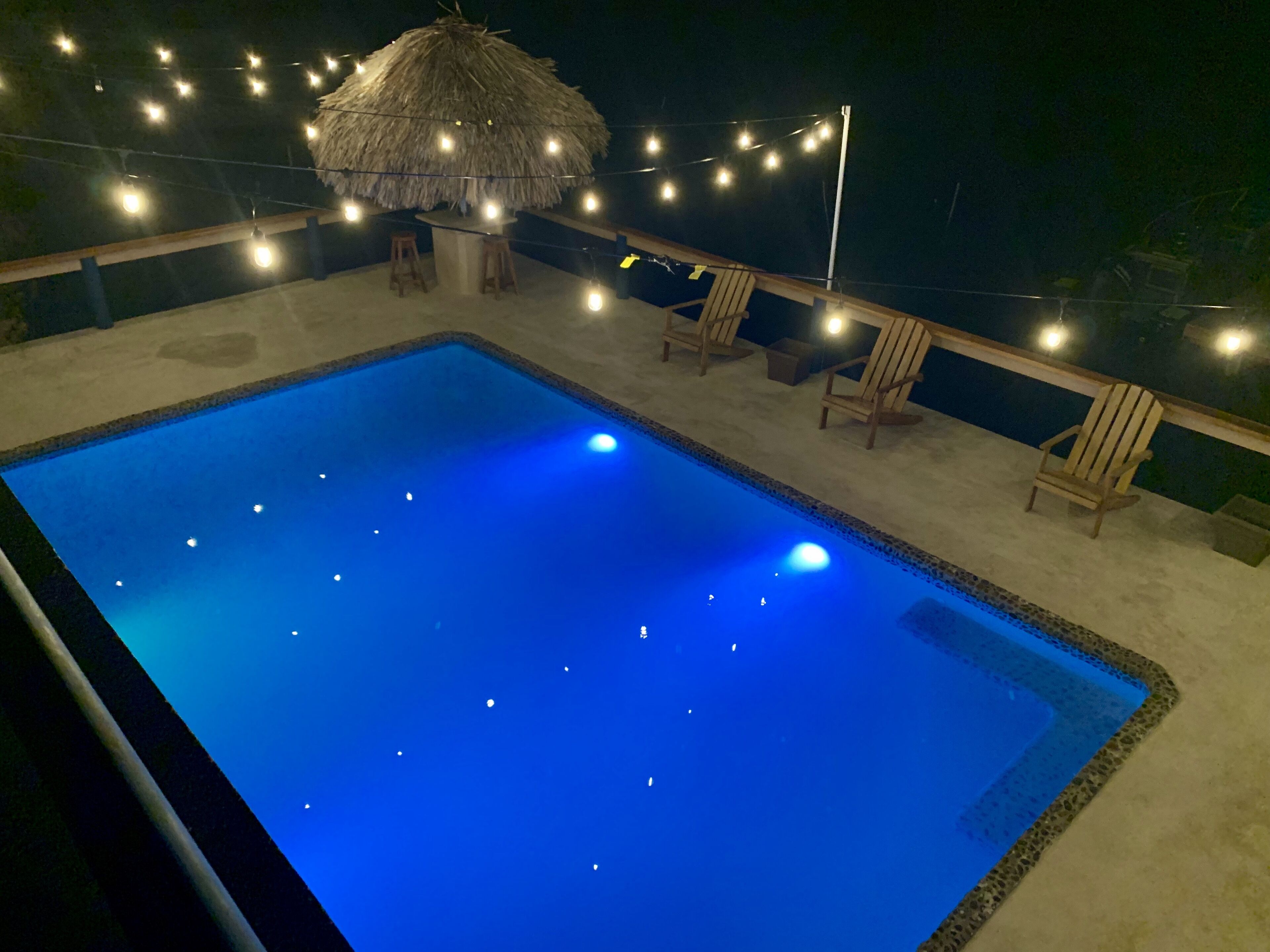 Ein Schwimmbecken mit einer strohgedeckten Struktur und Lichterketten.