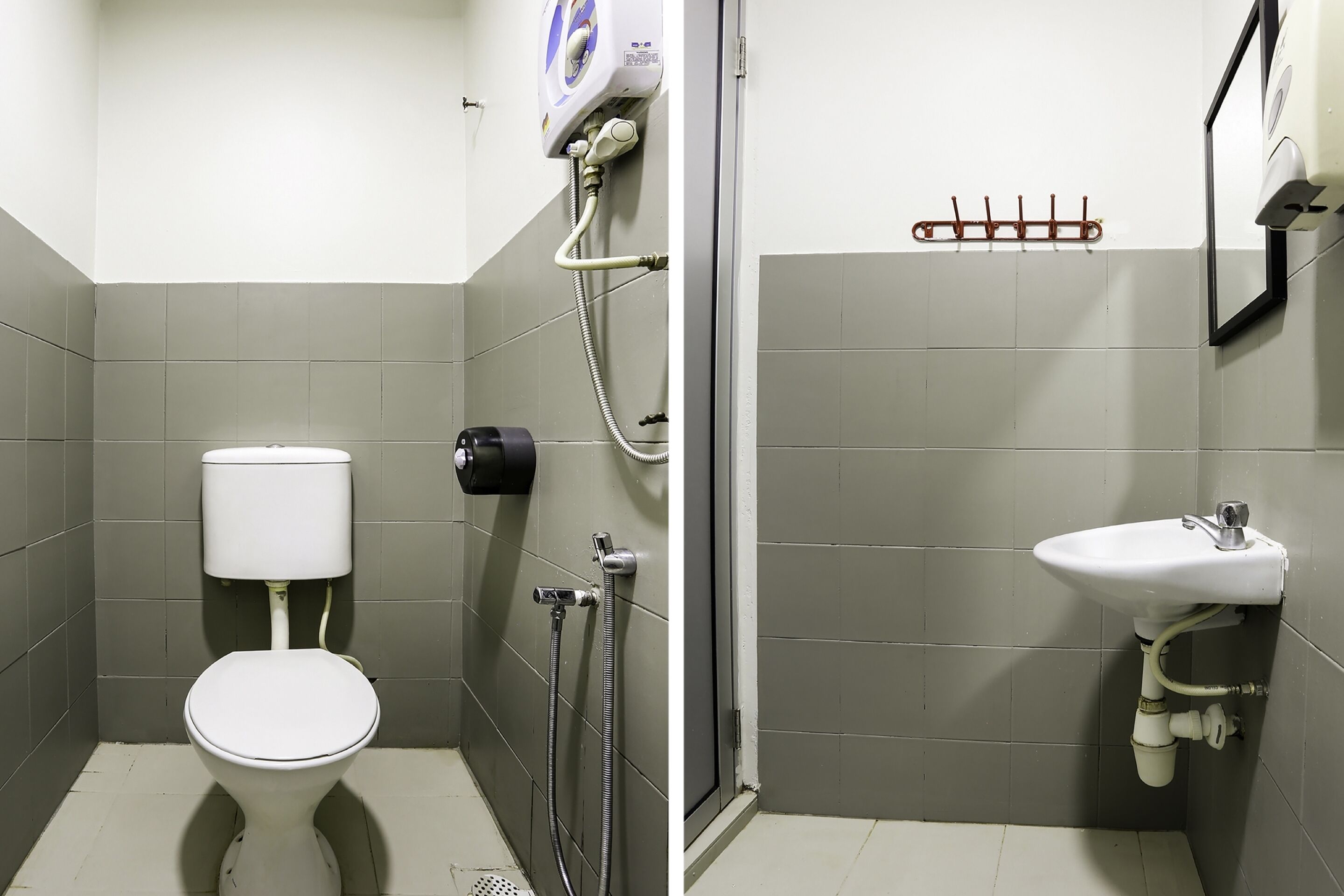 A bathroom with a toilet, a shower, and a sink.