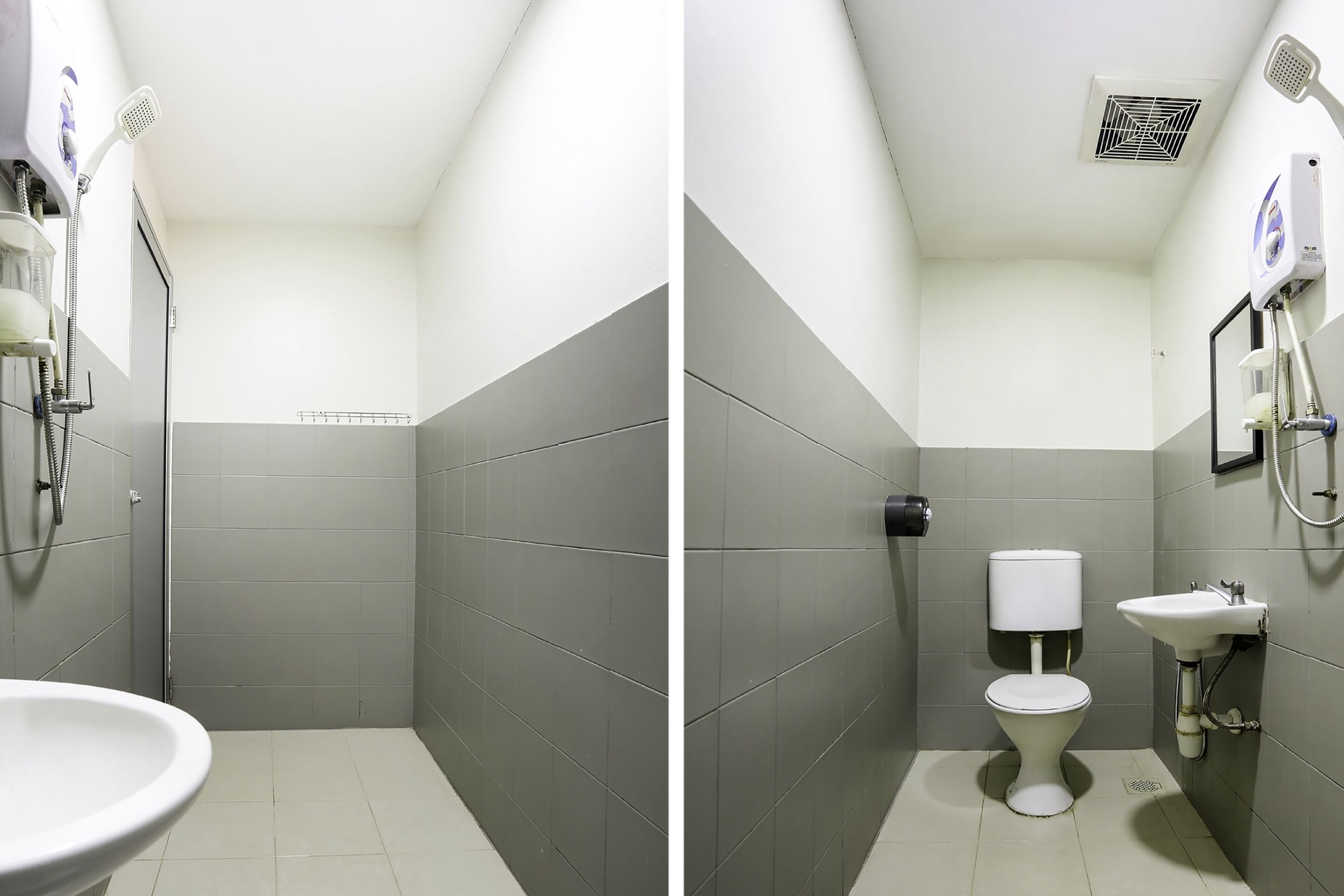 A bathroom with a shower, toilet, and sink.