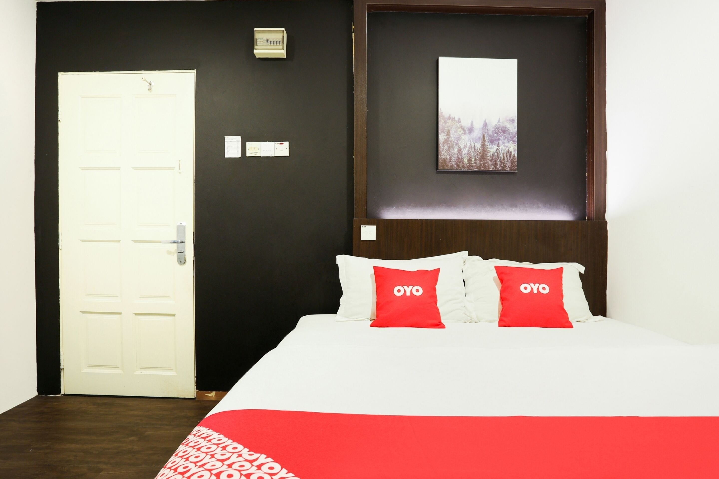 A hotel room with a white bed, two red pillows with "OYO" branding, a framed picture on the wall, and a white door.