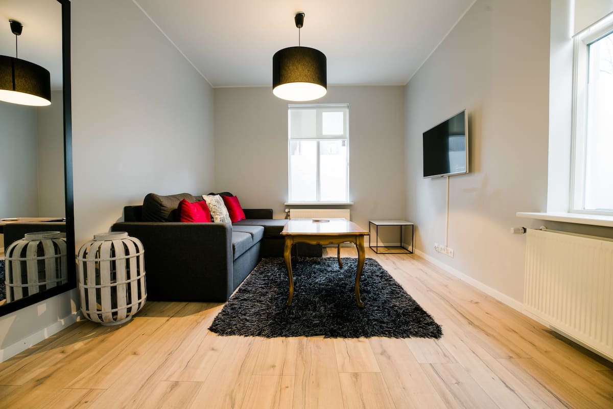 A modern living room with a sofa, a coffee table, a black rug, and a TV mounted on the wall.